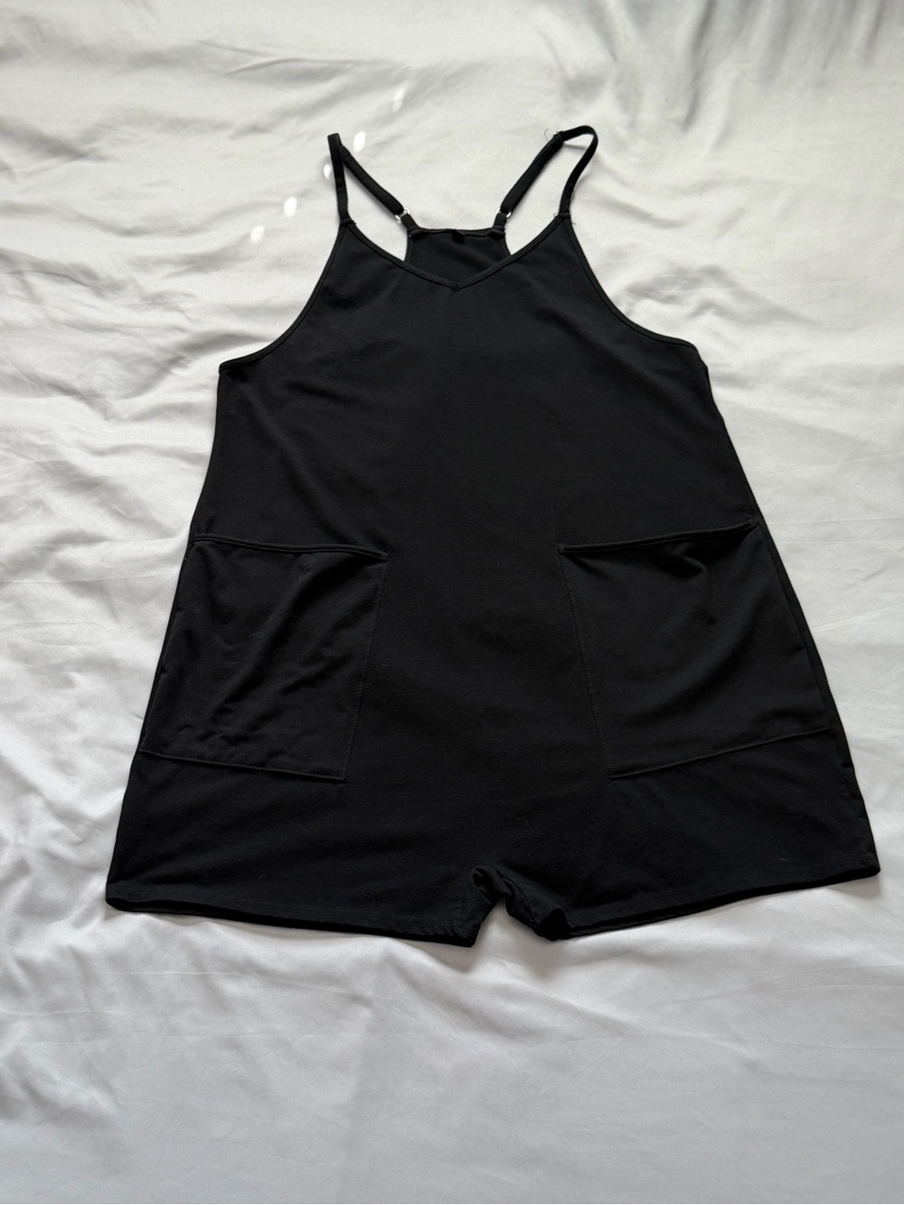 Everyday Black Spaghetti-Strap Romper with Front Pockets
